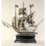 A large fine German silver Neff ship on stand, intricately modelled with 3 tall masts and multi-