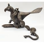 An 18-19th century South Indian bronze bird shaped oil lamp with original chain and receptacle, H.