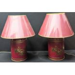 A pair of red ground tea canister lamps, H.62cm