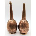 A fine pair of 18th century Ottoman copper gilt tombak rose water sprinklers, etched floral decor,