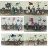 Set of 6 19th century Chinese watercolour depicting figural scenes of kite flyers, H.17.5cm W.31cm