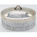 A Chinese silver and glass biscuit box, the lid depicting bamboo and a western monogram, unmarked,