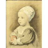 19th century British School. Portrait of a young child holding a ball, pastel with watercolour, H.