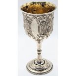 A Victorian silver goblet, repousse embossed decor, hallmarked Birmingham, 1866, maker George Unite,