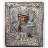 A late 19th century silver Orthodox Icon of St Nicholas, 84 Russian silver hallmark to lower part of