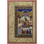 A very fine 16th century Persian Safavid miniature painting depicting figural scenes, gouache with