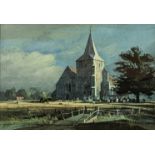 Rowland Hilder (1905-1993), Old Romney Church, watercolour, ink and bodycolour, signed lower left,