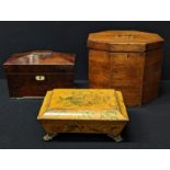 A collection of 19th century boxes to include a mahogany sarcophagus tea caddy, L.30.5cm, a