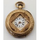 A late 19th century French 14ct gold pocket watch, square shaped scope, Roman numerals with gilt
