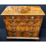 A William and Mary chest of drawers, oyster veneered laburnum and walnut, 2 short over 3 long