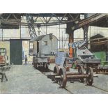 Veronica Burleigh (1909-1999), Brighton Railway Work, 1950, oil on canvas, signed lower left, pencil