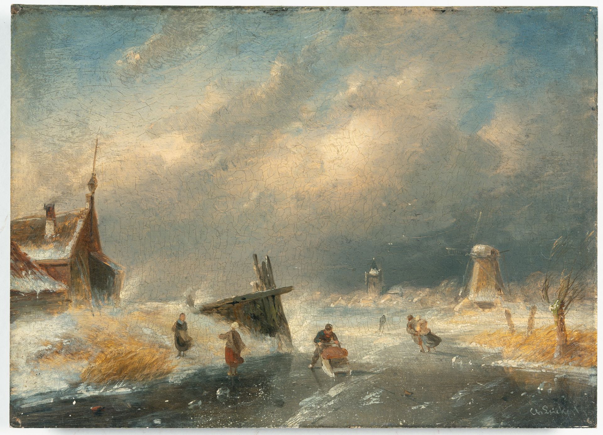 Charles Henri Joseph Leickert – Winterlandschaft mit Eisläufern auf einem gefrorenen See - Bild 2 aus 3