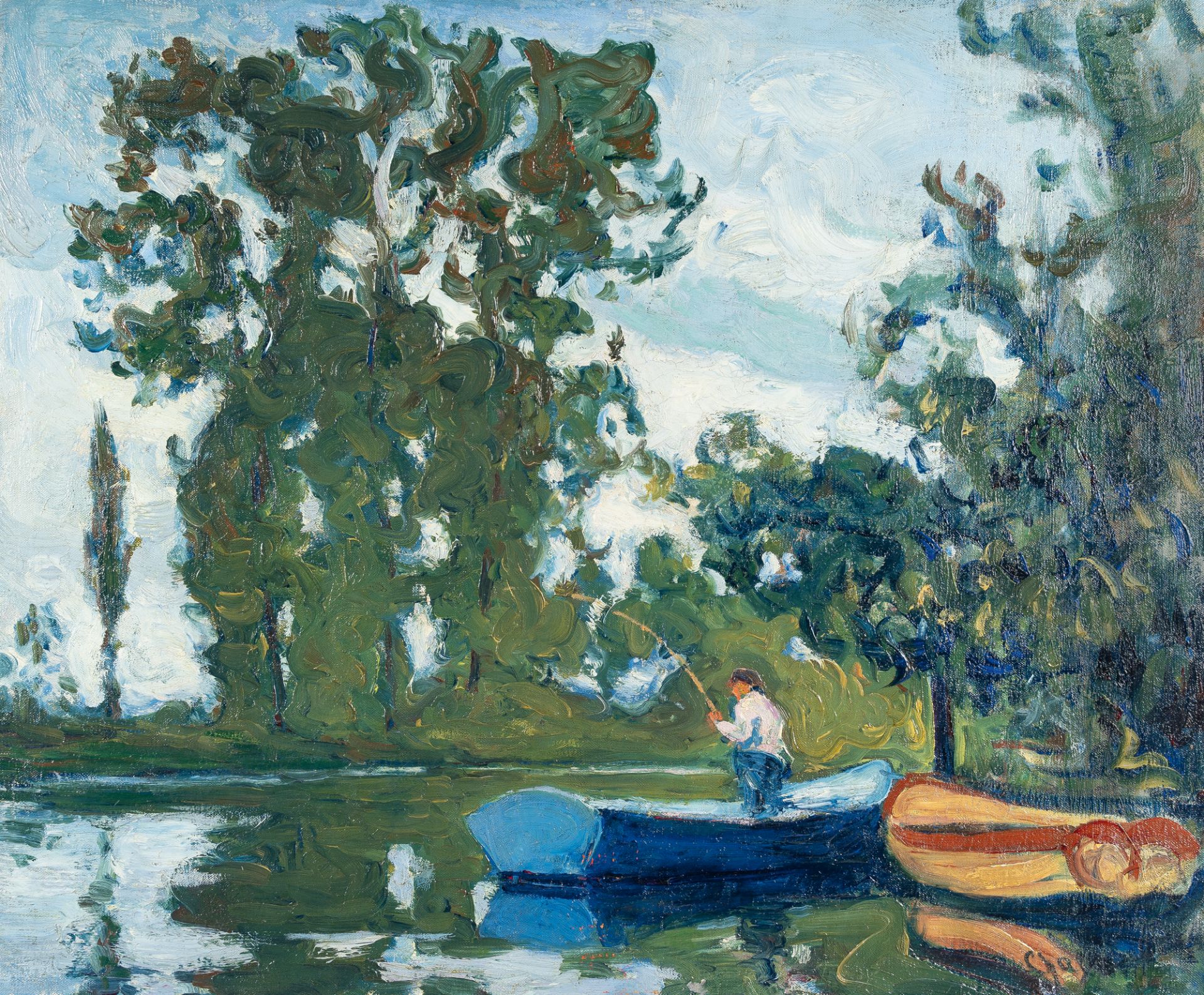 Jean-Laurent Buffet-Challié – Fisherman in a barge on a woodland pond