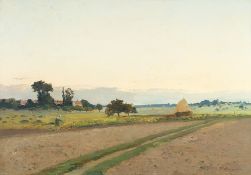 Fernand Just Quignon – Sommerlandschaft mit Getreideschobern und Bäuerin bei der Feldarbeit