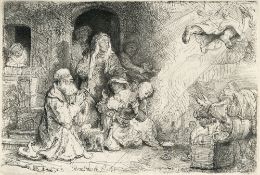 Rembrandt Harmensz. van Rijn – Der Engel, vor der Familie des Tobias verschwindend
