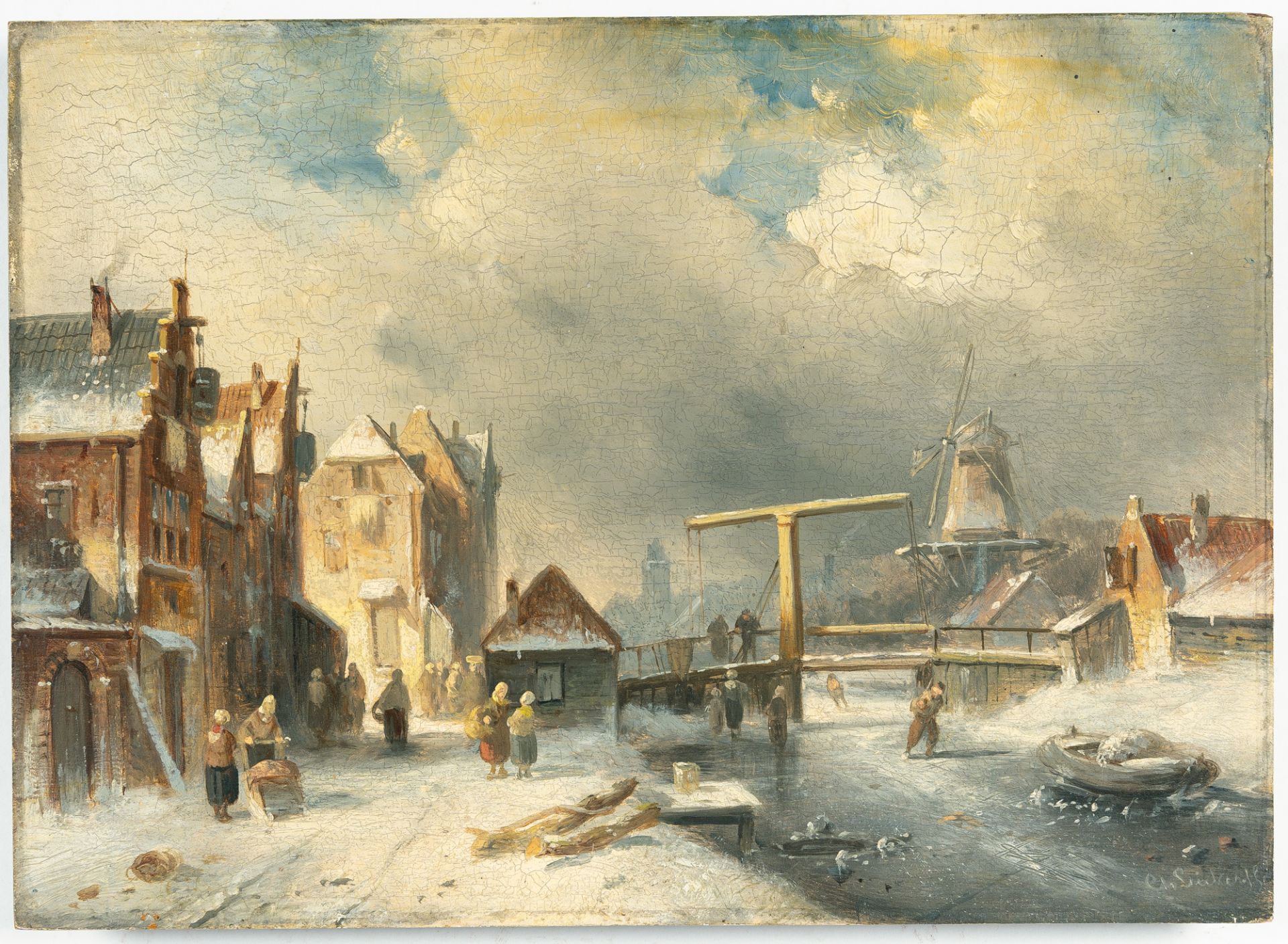 Charles Henri Joseph Leickert – Winter village scene on a canal with a Dutch windmill - Image 2 of 3