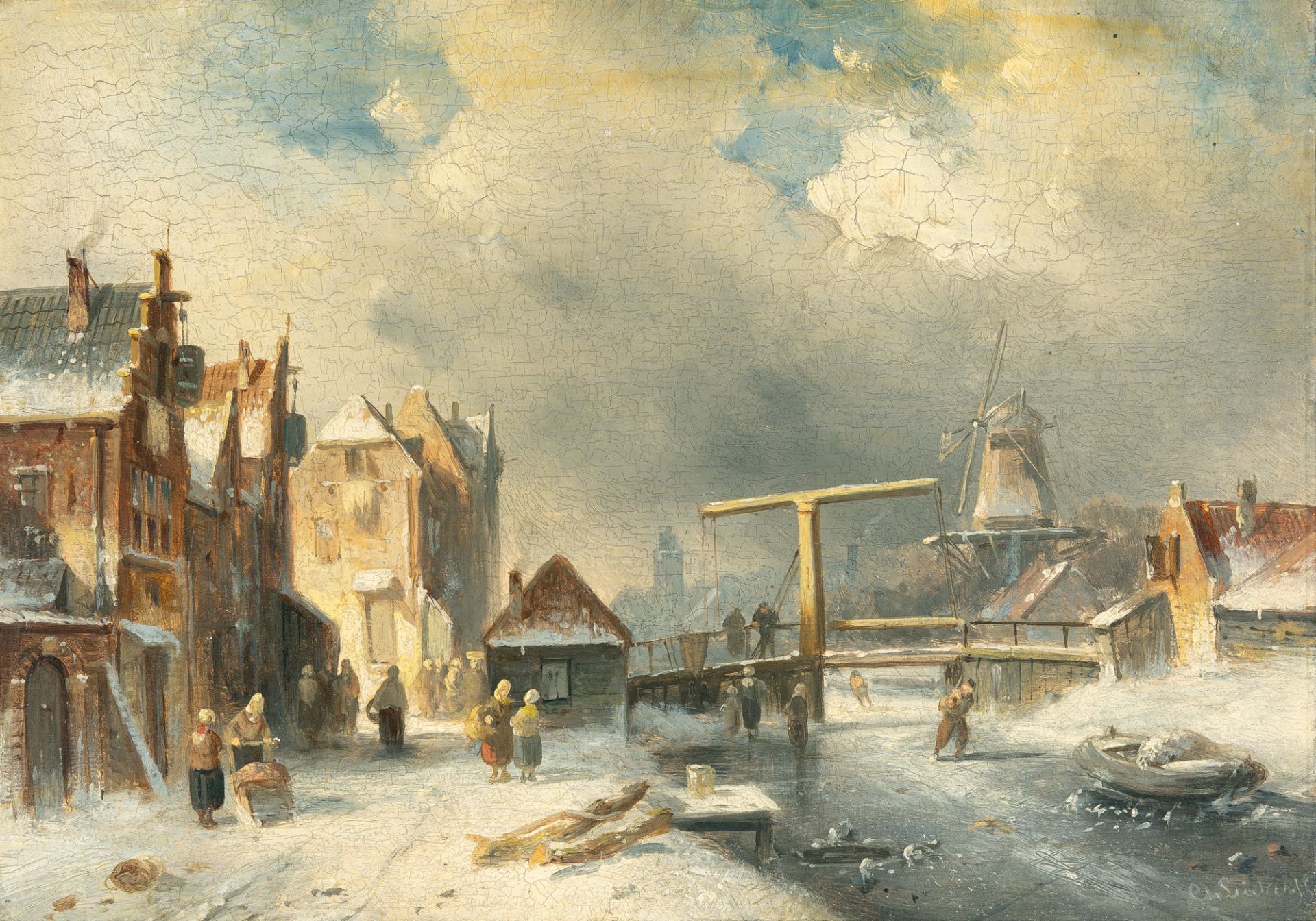 Charles Henri Joseph Leickert – Winter village scene on a canal with a Dutch windmill