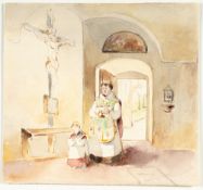 Peter Fendi – Vorhalle einer Kirche mit Kruzifix, Priester und Messknaben