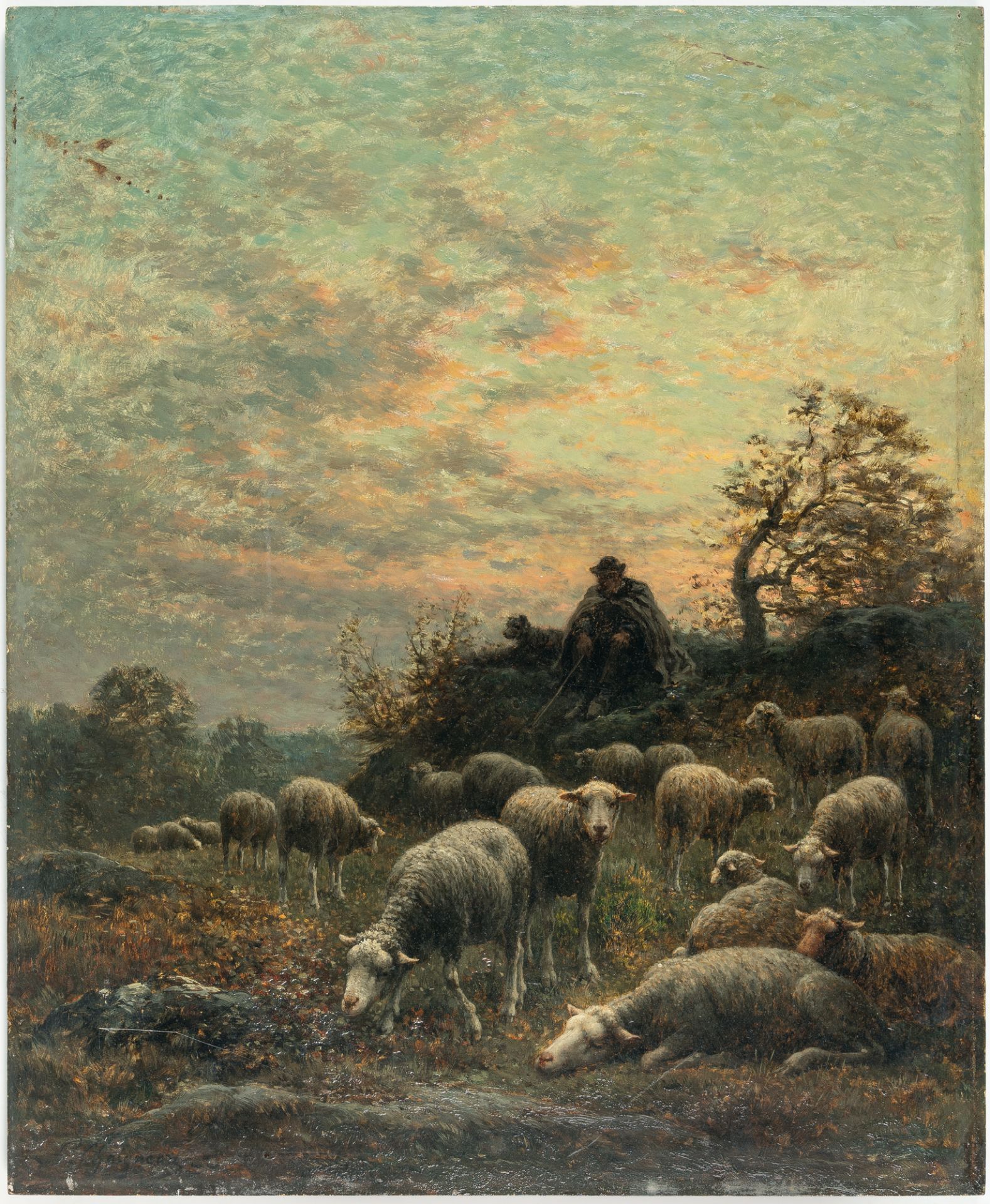 Jean-Ferdinand Chaigneau – Schafherde mit Hirten und Hund an einem bewaldeten Hügel im Abendrot - Bild 2 aus 3