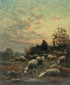 Jean-Ferdinand Chaigneau – Schafherde mit Hirten und Hund an einem bewaldeten Hügel im Abendrot