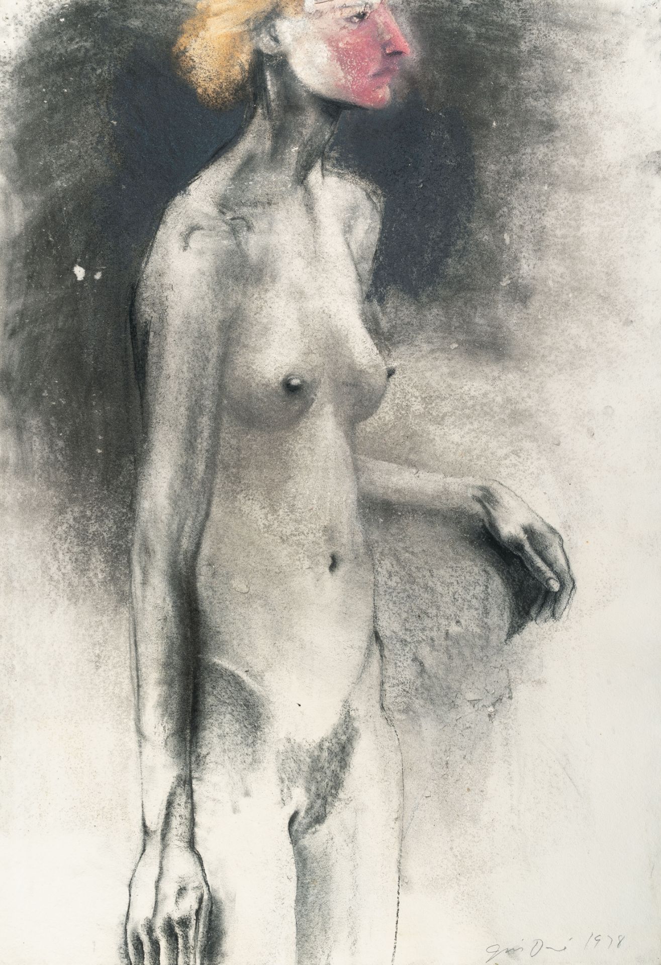 Jim Dine, The bird mask (Standing female nude).Mixed media, charcoal and chalk on laid cardboard.