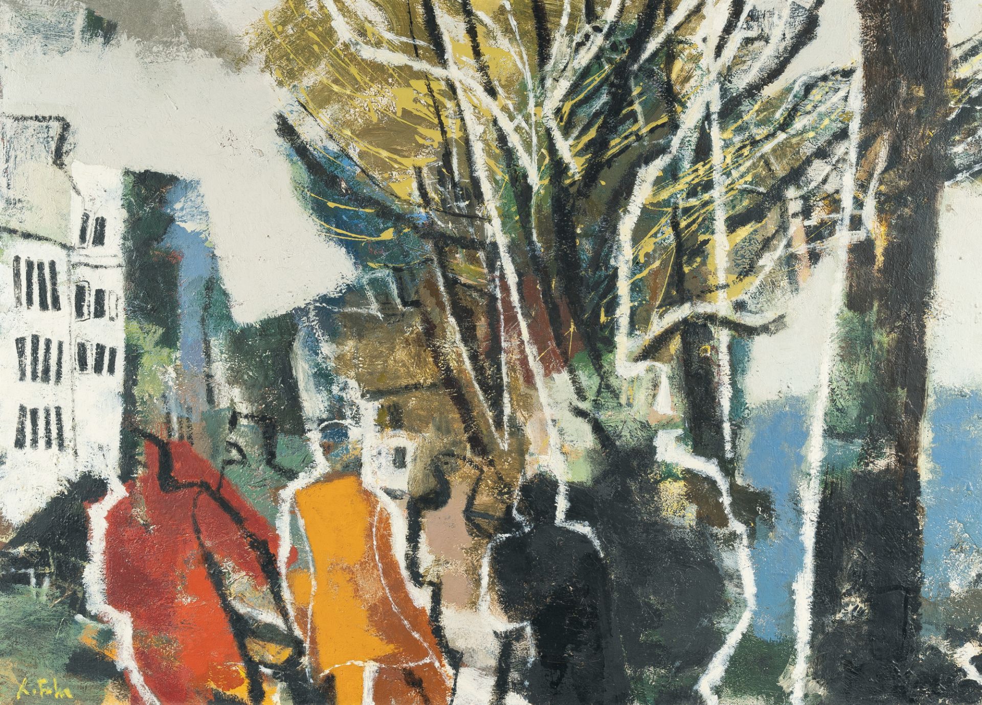 Franz Xaver Fuhr – „Herbst“ (Gruppe unter Bäumen, links Häuser) (“Herbst” (Group of figures under tr