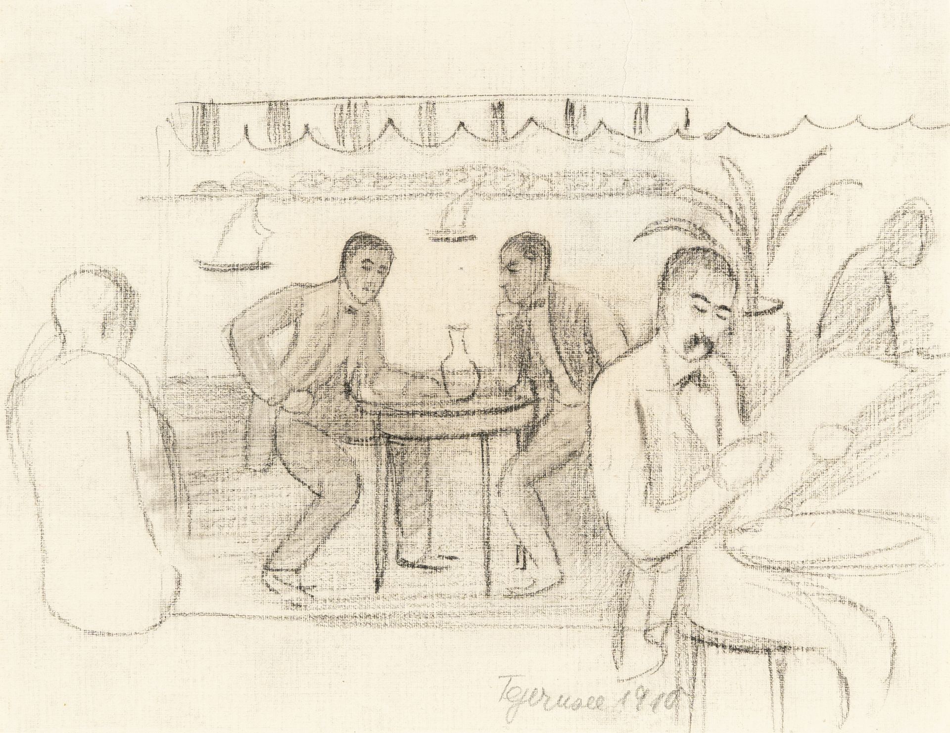 August Macke, Cafe by Tegernsee.Chalk, partially smudged, on slightly textured wove. Ca. 14.5 x 19