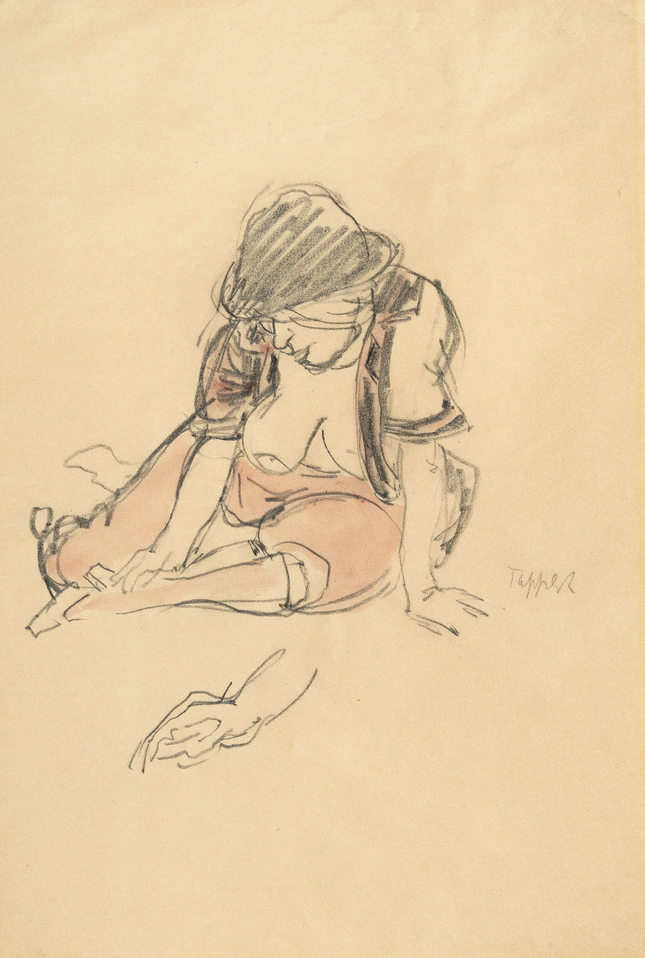 Georg Tappert, Betty, sitting.Watercolour over pencil on thin, cream wove. Ca. 40.5 x 27 cm.