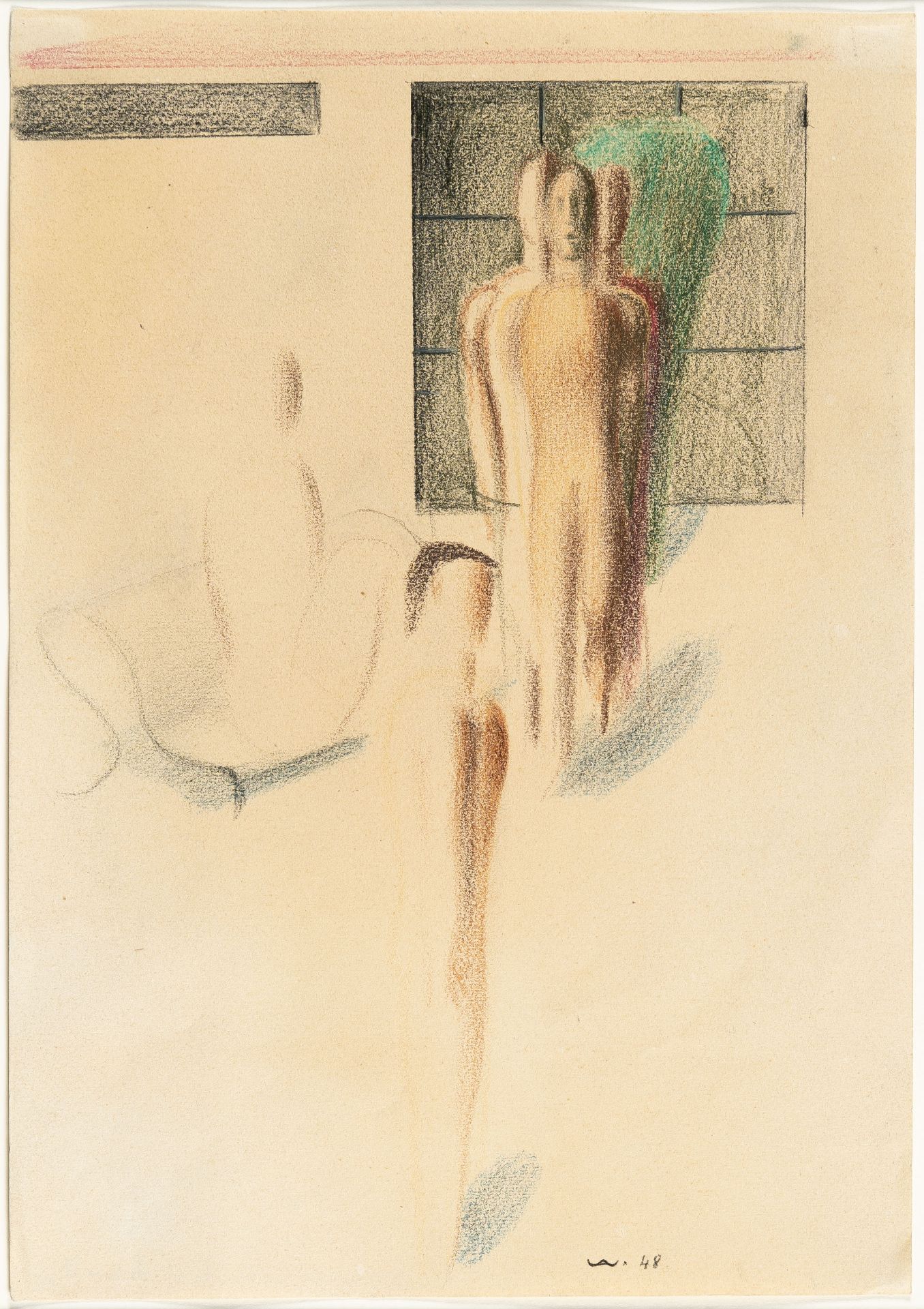 Walter Wörn, Figures.Pastel on pale brown wove. (19)48. Ca. 29.5 x 21 cm. Monogrammed and dated - Image 2 of 3