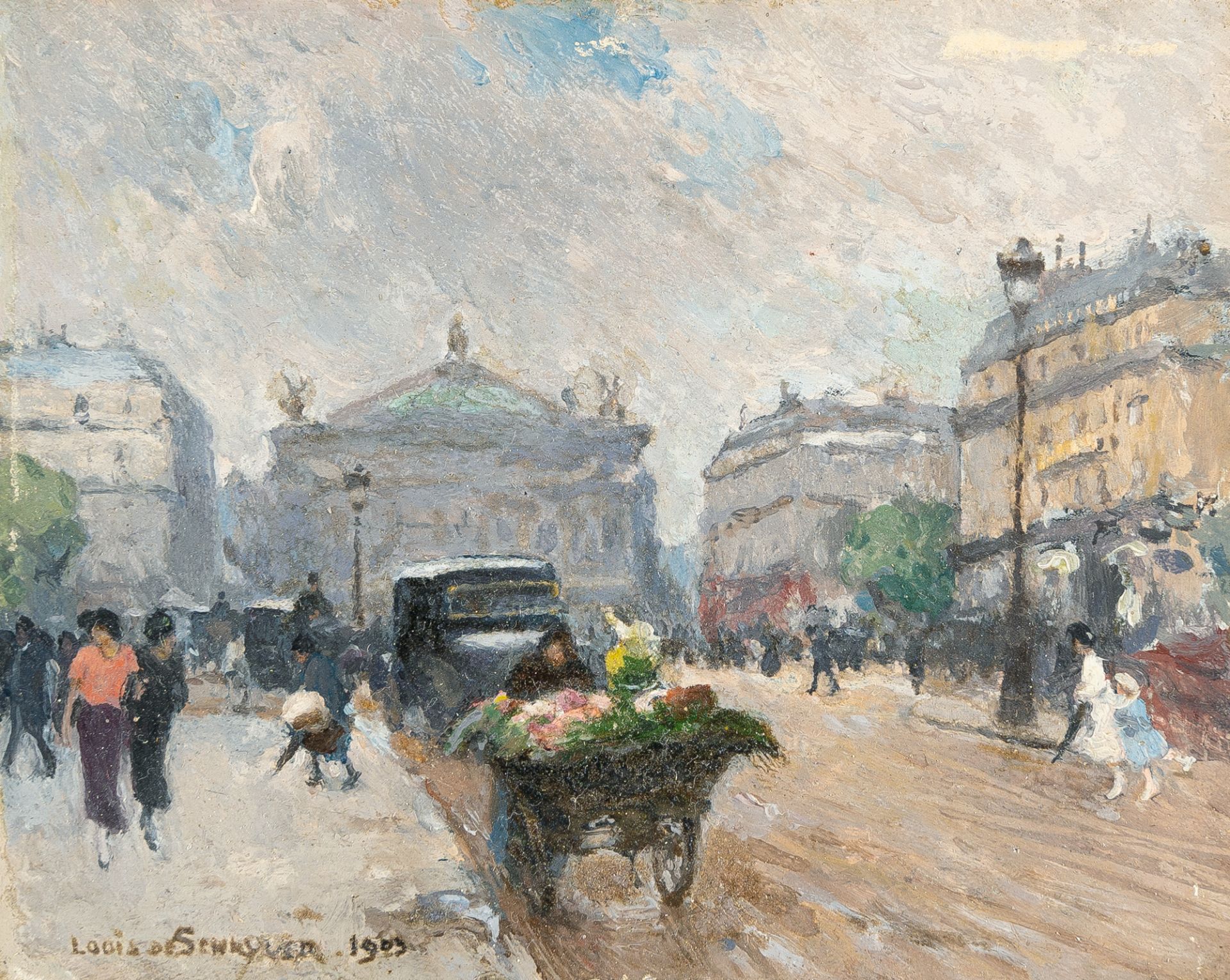 Louis Marie De Schryver, Street scene with flower seller by the Paris Opera House.Oil on panel.