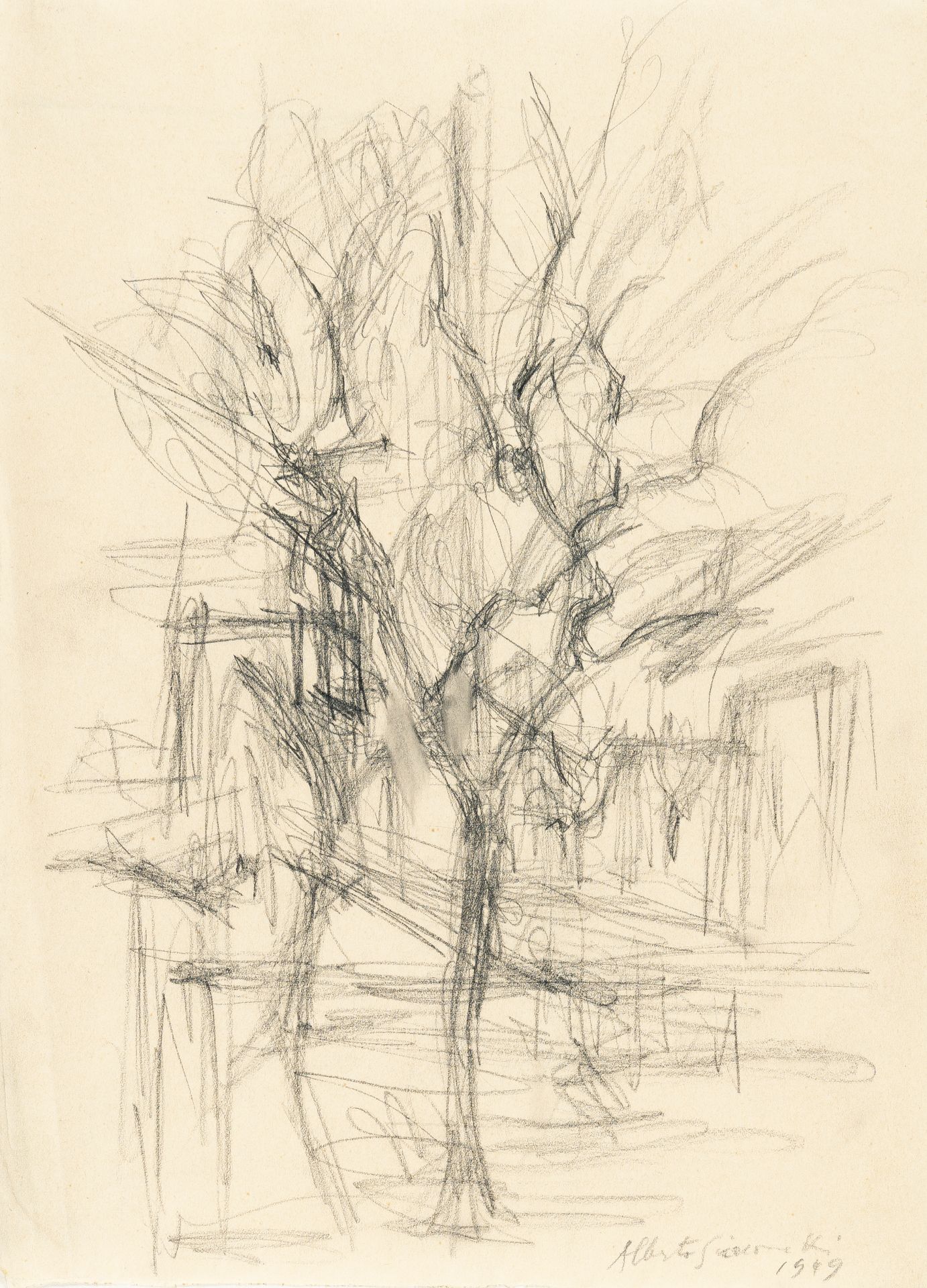 Alberto Giacometti, Arbres.Pencil on cream wove. 1949. Ca. 34.5 x 25 cm. Signed and dated lower