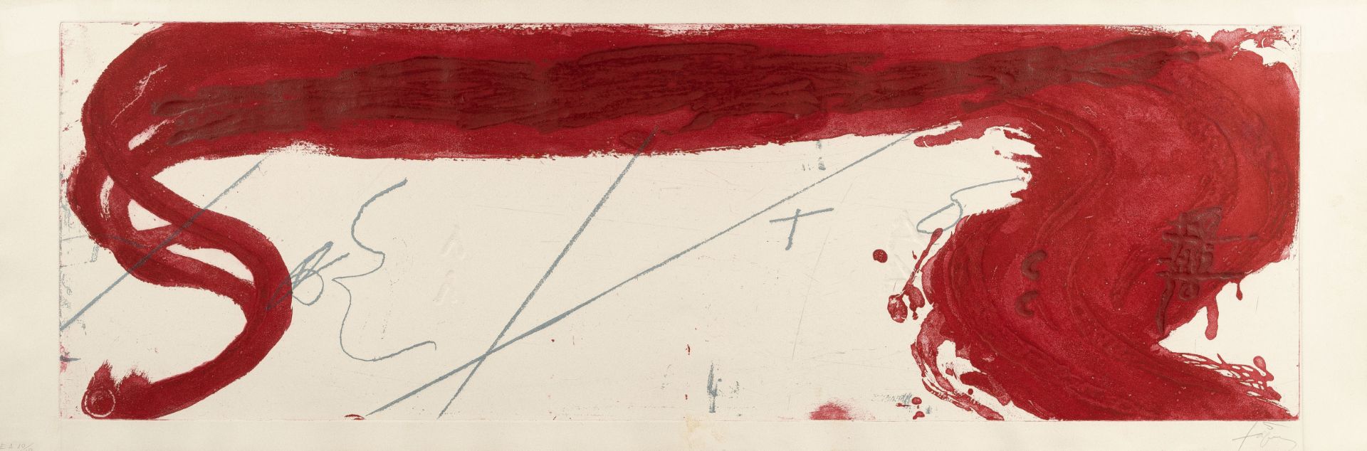 Antoni Tàpies, Rouge horizontal.Etching in colours and embossing print on wove. (1984). Ca. 35 x 108