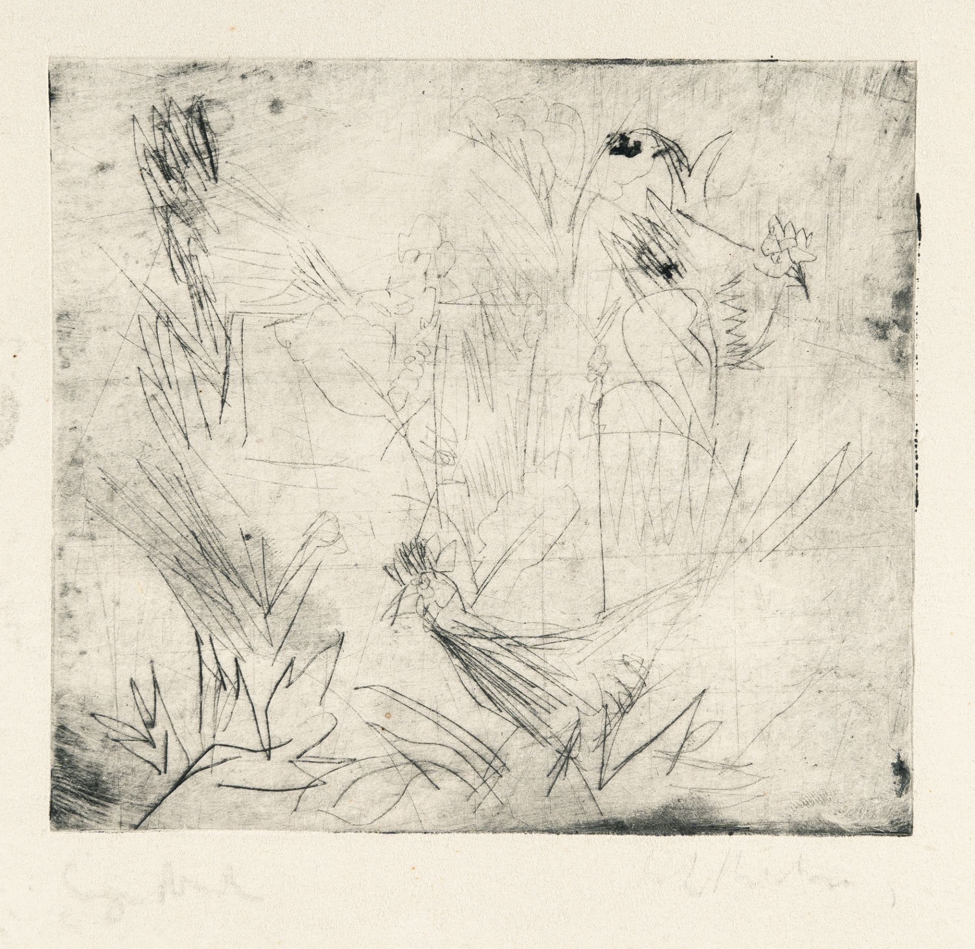 Ernst Ludwig Kirchner, Chickens in the grass (unfinished).Etching with drypoint on flexible heavy