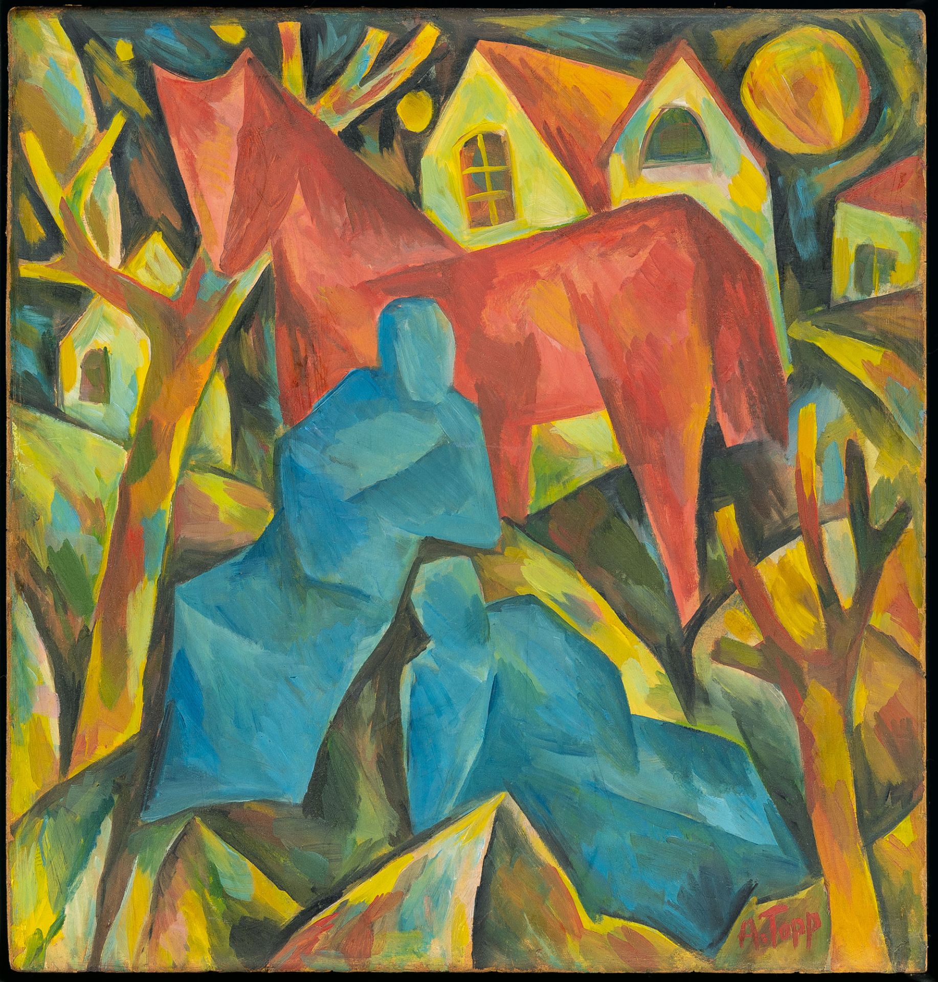 Arnold Topp, Red horse with blue figures in a town landscape.Oil on cardboard. (Around 1918/19). Ca. - Image 2 of 4