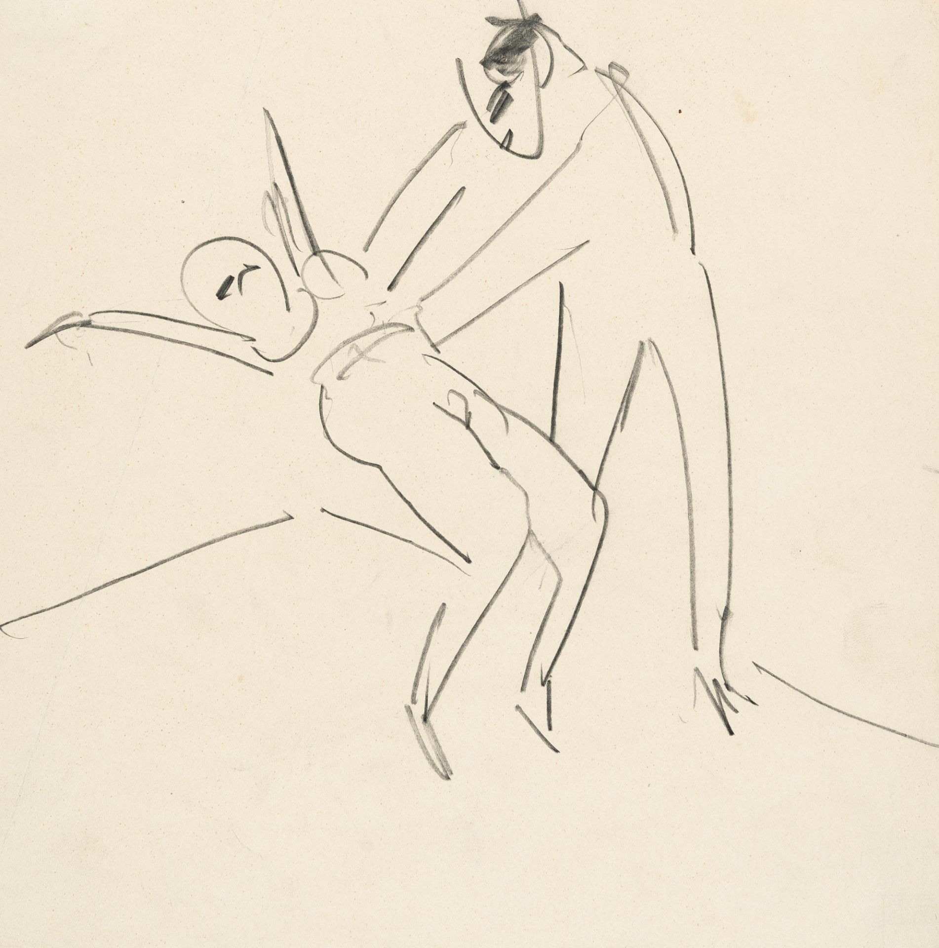 Ernst Ludwig Kirchner, Dancing couple.Pencil on satinated cream wove. (Around 1911). Ca. 26 x 26 cm.