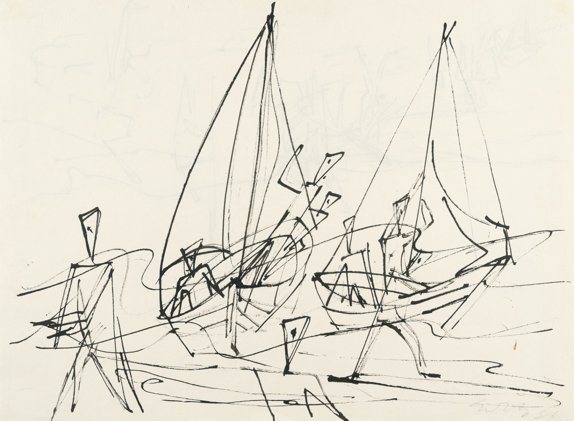 Ernst Wilhelm Nay, Recto/verso: Fishermen – Beach scene.Reed pen with Indian ink on Ingres laid