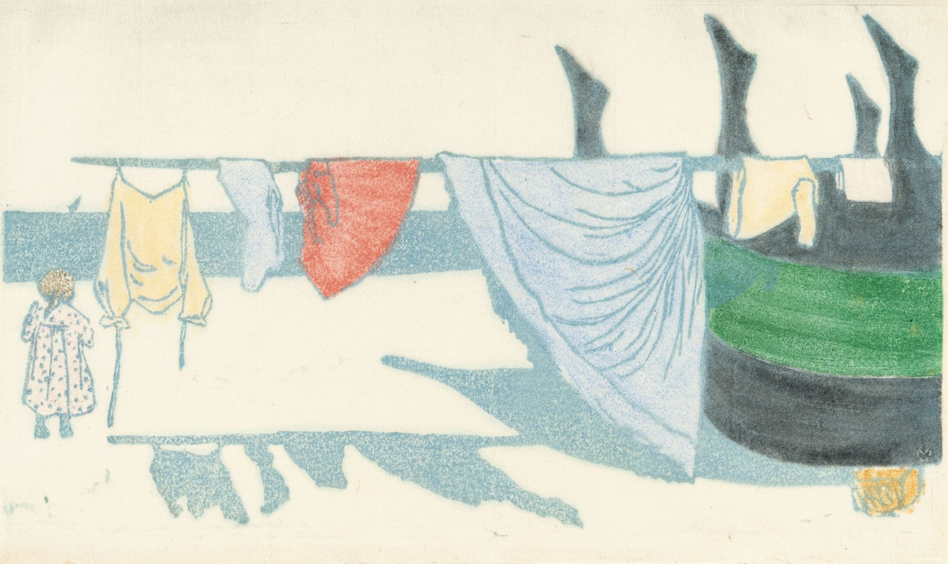 Gabriele Münter, Washing on the beach.Lino print in colours on thin Japanese laid paper. (1907/