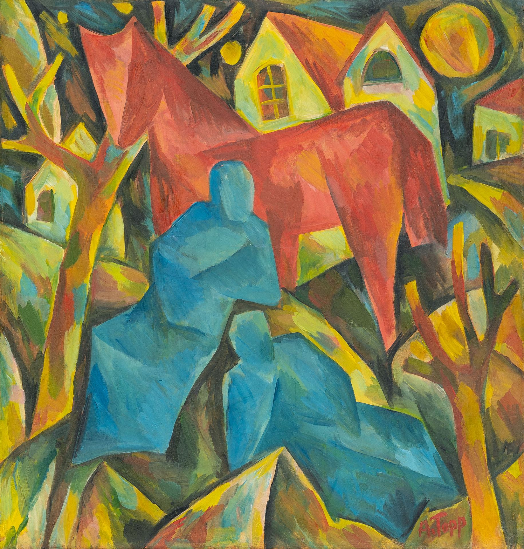 Arnold Topp – Rotes Pferd mit blauen Gestalten vor Stadtlandschaft (Red horse with blue figures in a