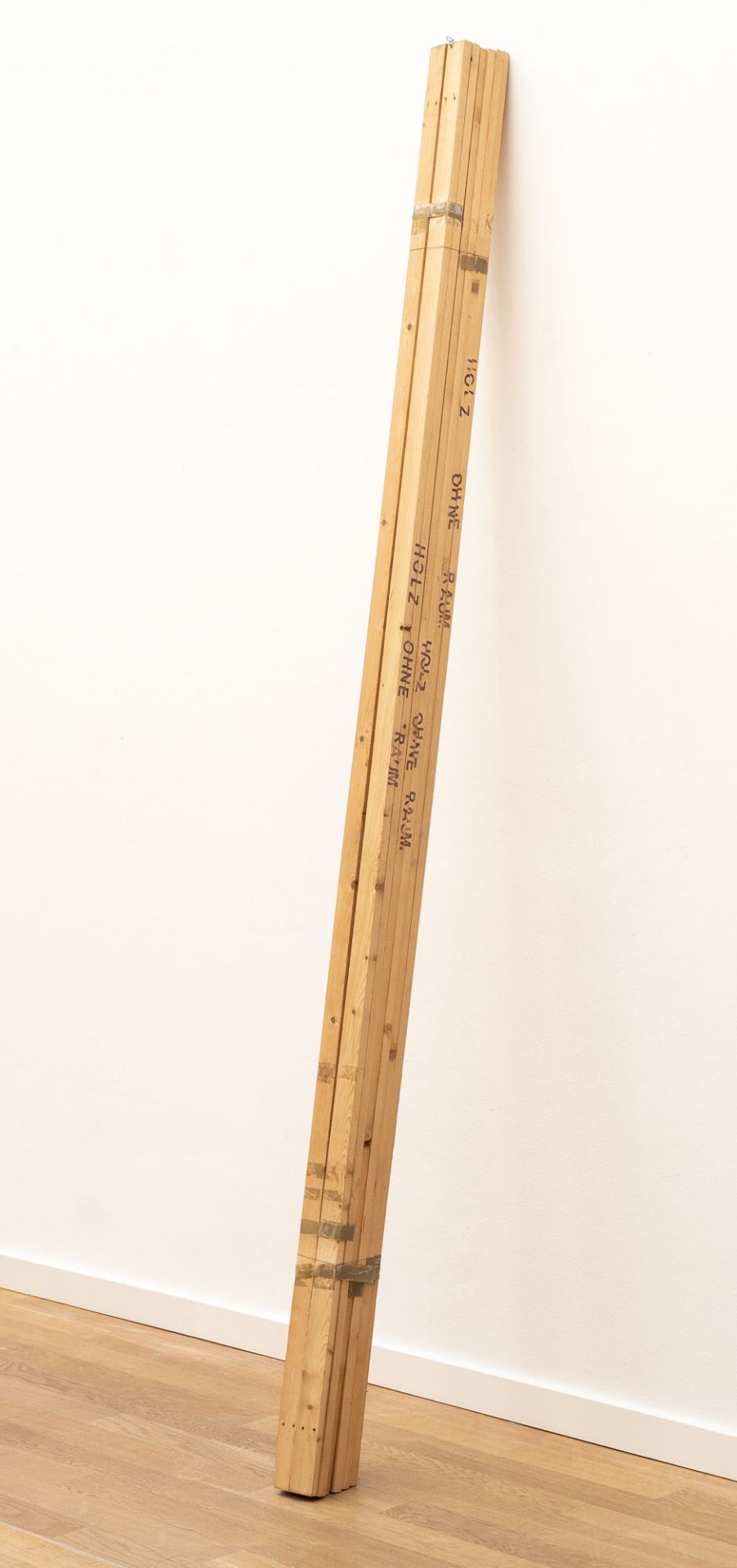 Georg Herold, Wood without space.Sculpture, wooden planks with tape and wire, stamped “HOLZ OHNE - Image 2 of 3