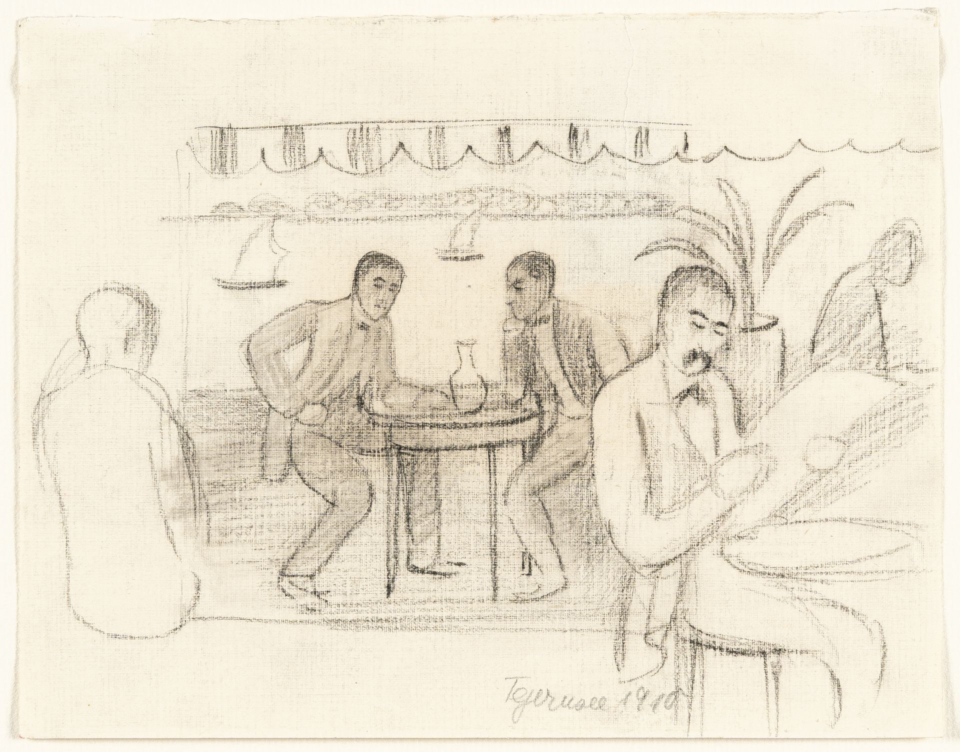 August Macke, Cafe by Tegernsee.Chalk, partially smudged, on slightly textured wove. Ca. 14.5 x 19 - Image 2 of 3