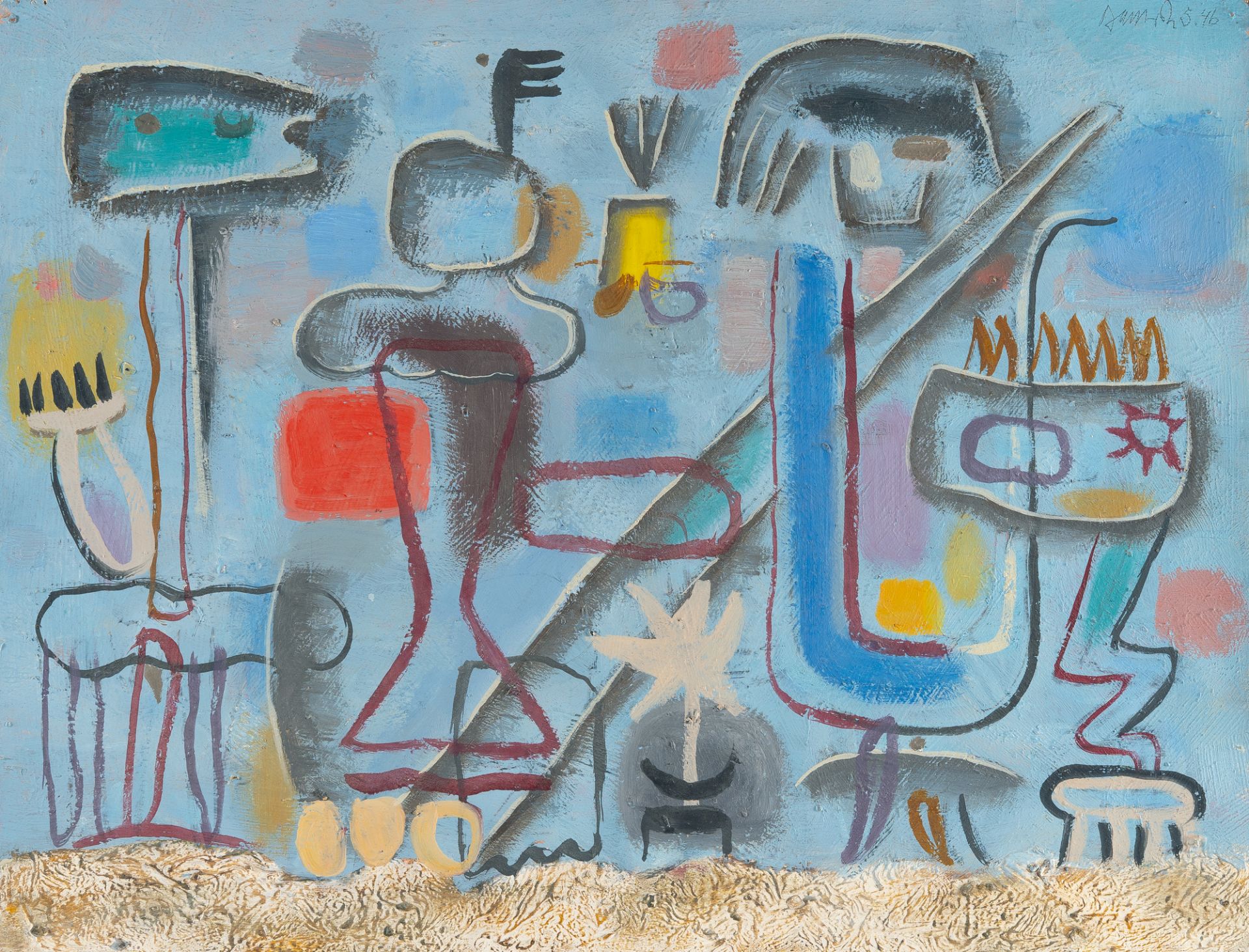 Willi Baumeister – „Blau mit rotem Quadrat (kleines Format)“ (Figuren in Landschaft) („Blau mit rote