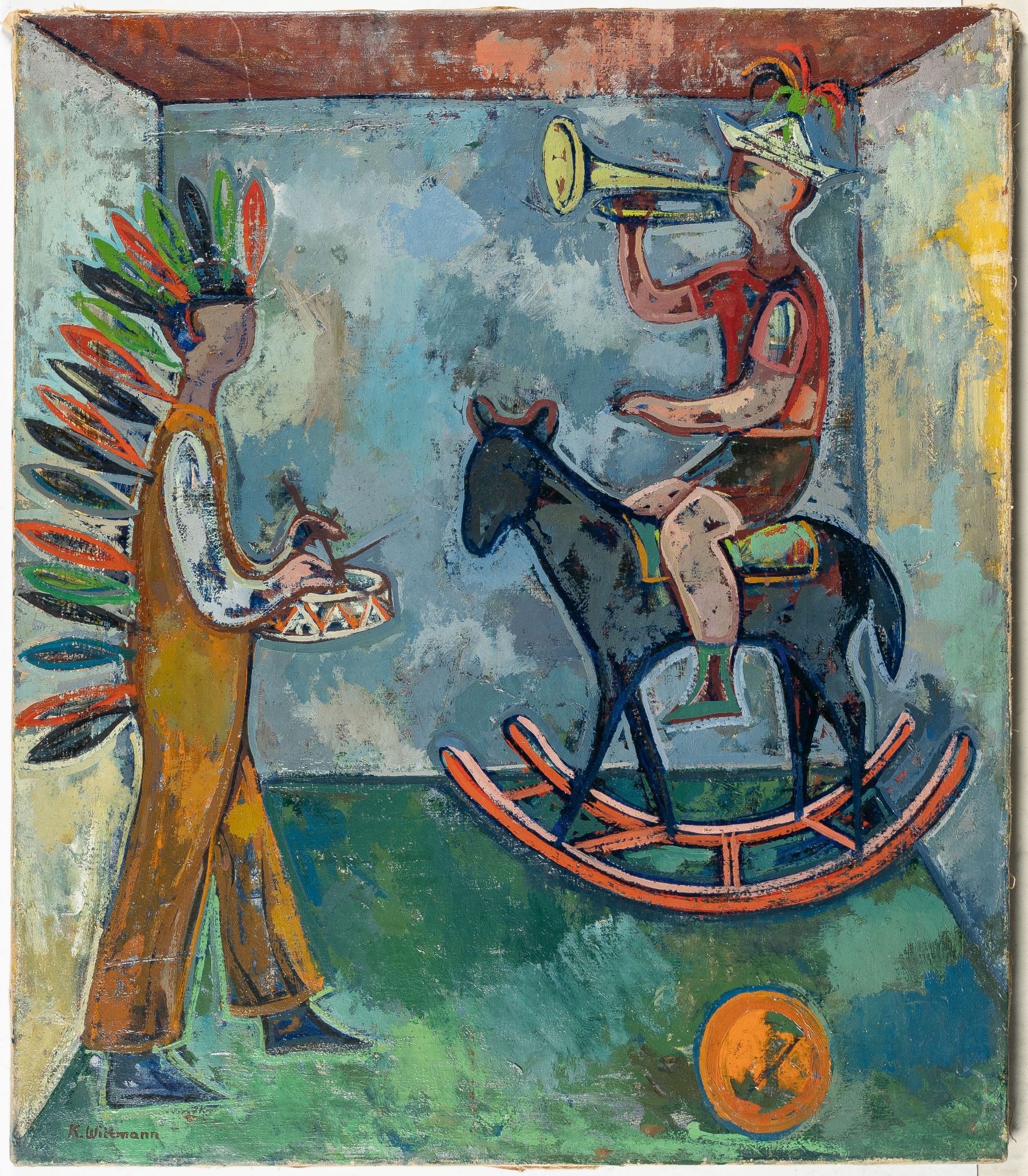 Karoline Wittmann, Indian game.Oil on thin canvas. (1957). Ca 70.5 x 60.5 cm. Signed lower left. - Image 2 of 4