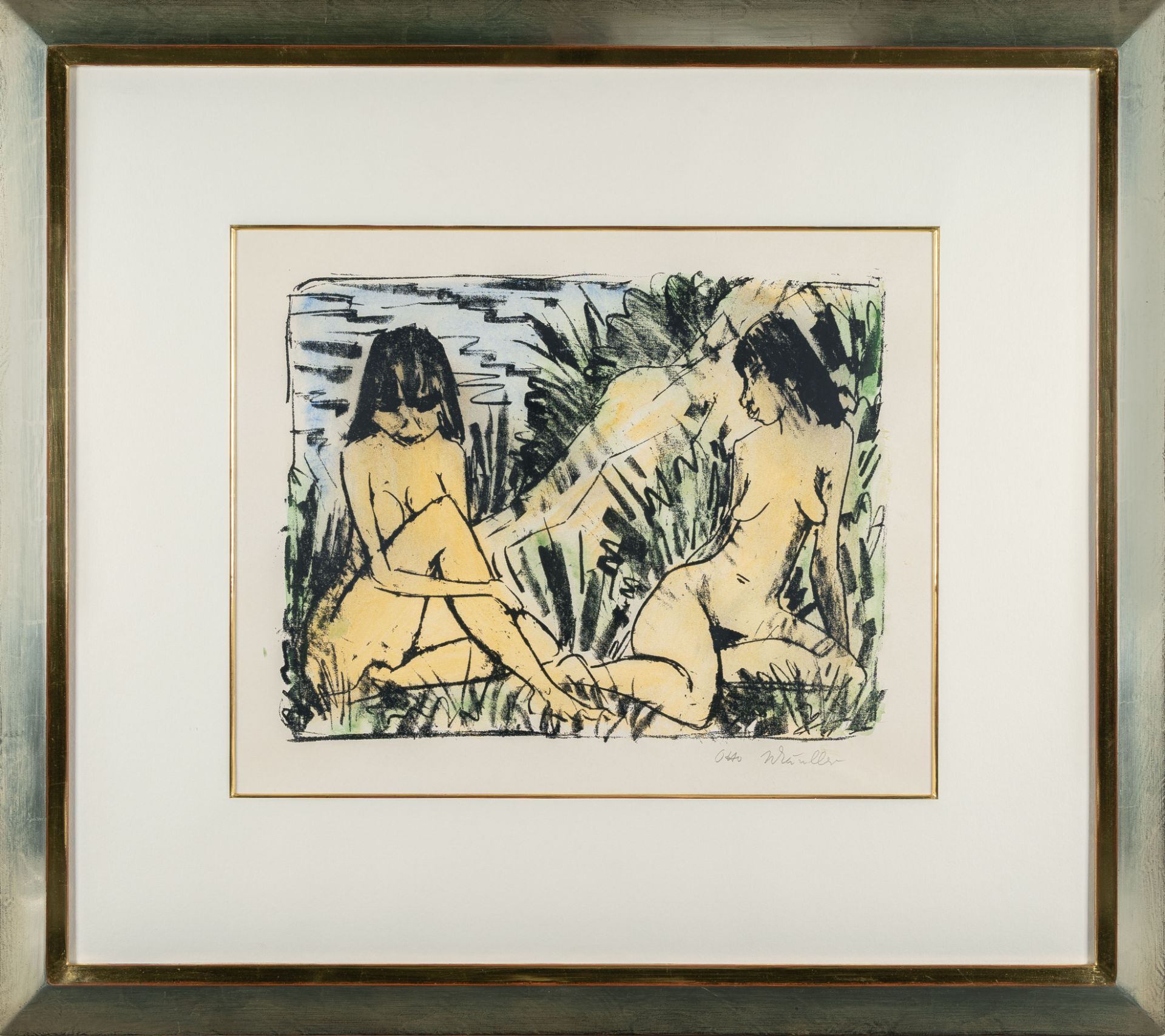 Otto Mueller, Two girls sitting on a dune (1).Lithograph, hand coloured, on smooth, thin wove paper. - Image 4 of 4
