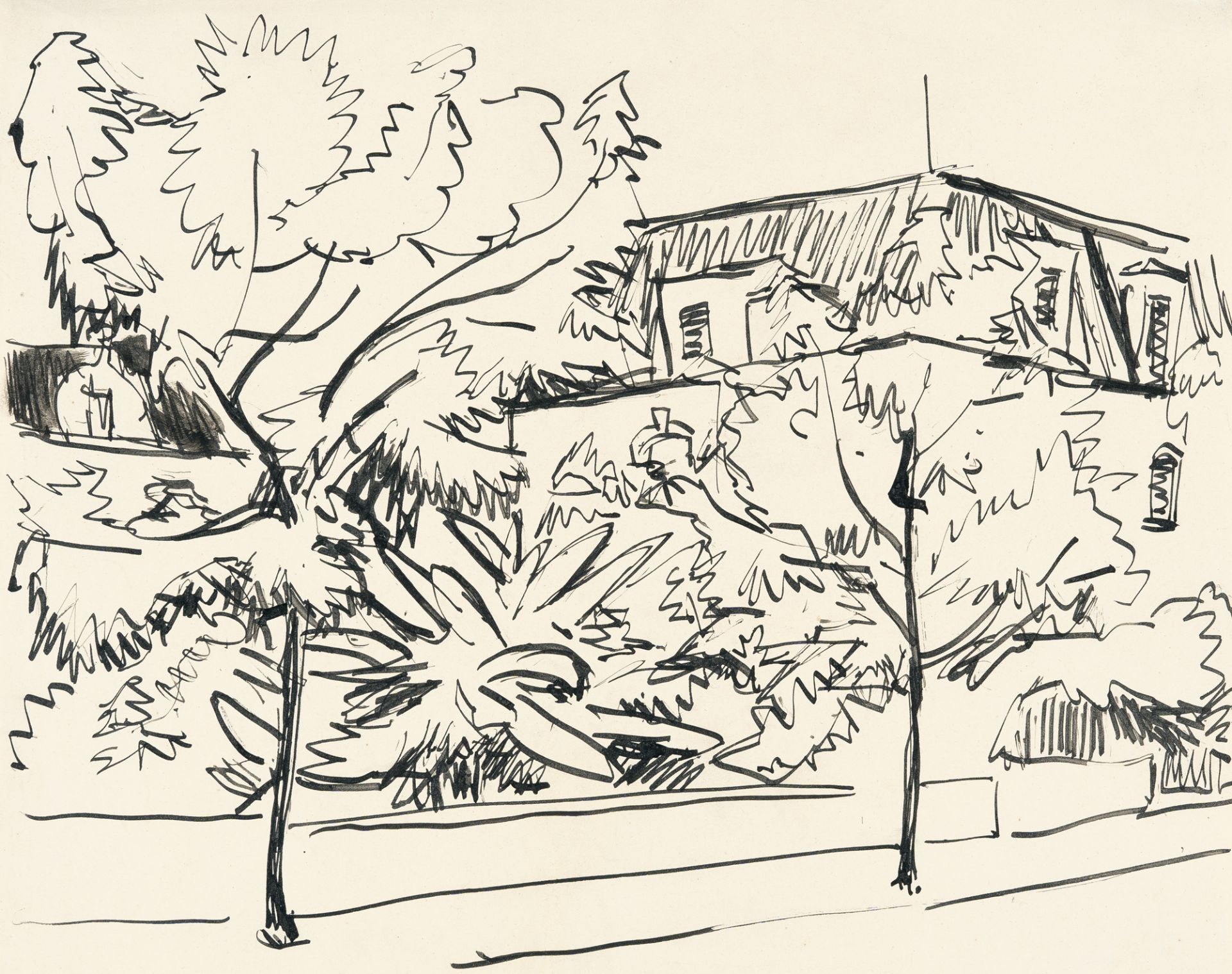 Ernst Ludwig Kirchner, Street in Dresden-Friedrichstadt (Berliner Straße).Pen and ink on smooth