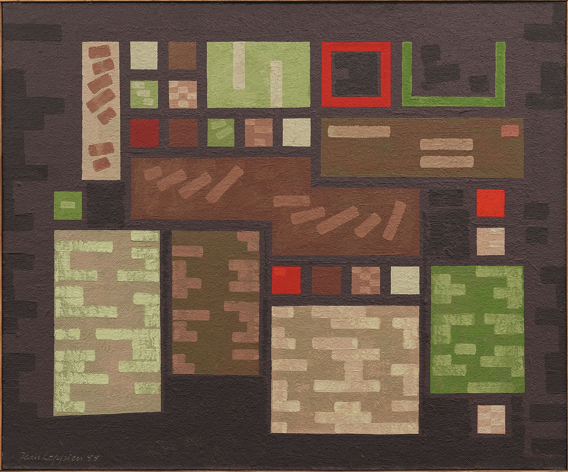 Jean Leppien, Du Vert au Rouge “6/55 LVI”.Oil on fibreboard. (19)55. Ca. 54 x 64 cm. Signed and