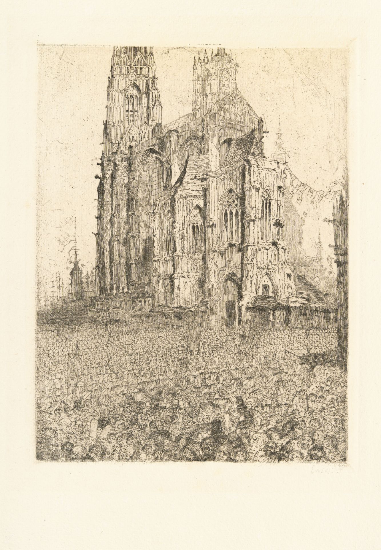 James Ensor, La Cathédrale.Etching on cream laid paper by Van Gelder. (1886). Ca. 23.5 x 17.5 cm (