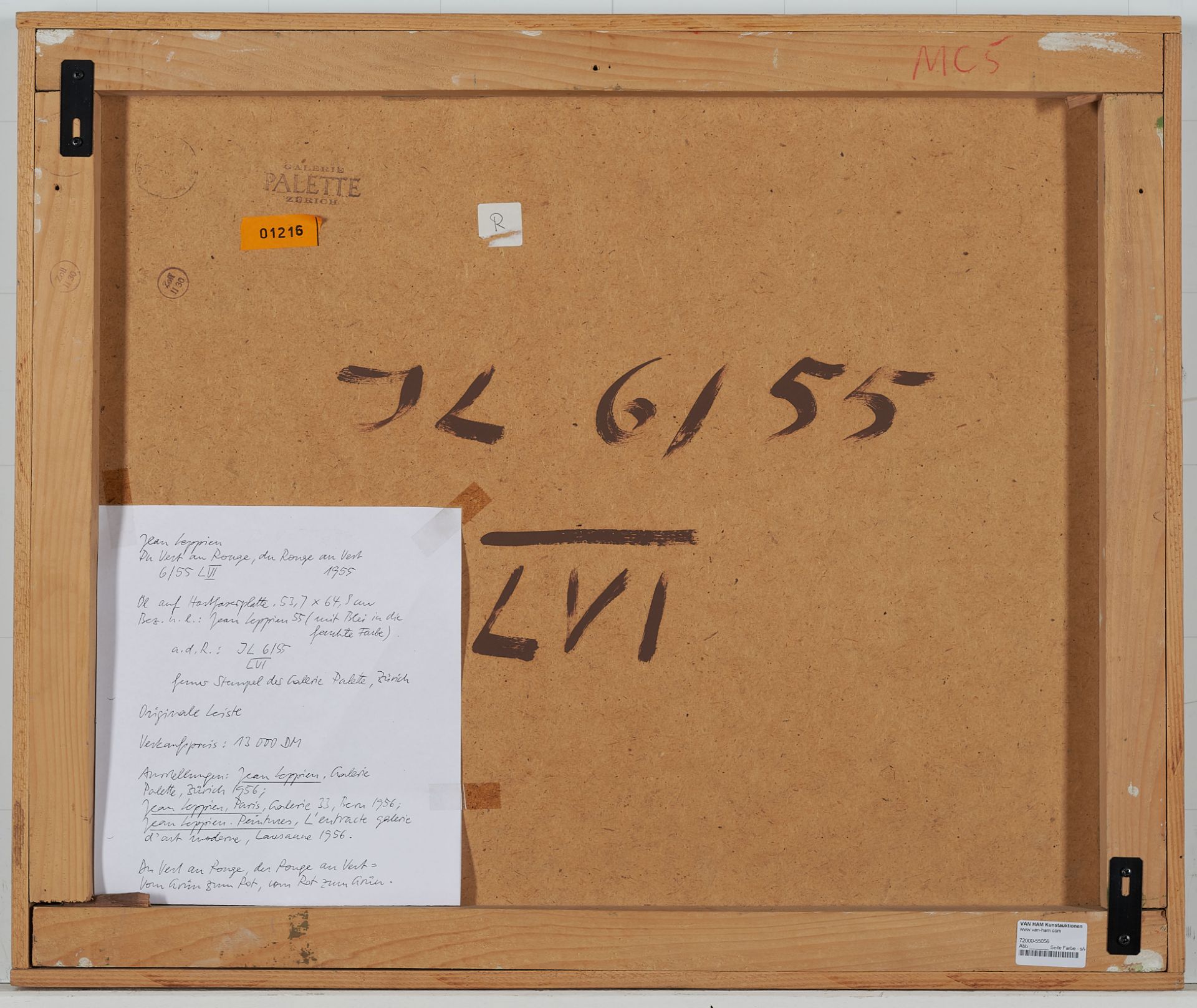 Jean Leppien, Du Vert au Rouge “6/55 LVI”.Oil on fibreboard. (19)55. Ca. 54 x 64 cm. Signed and - Image 3 of 3