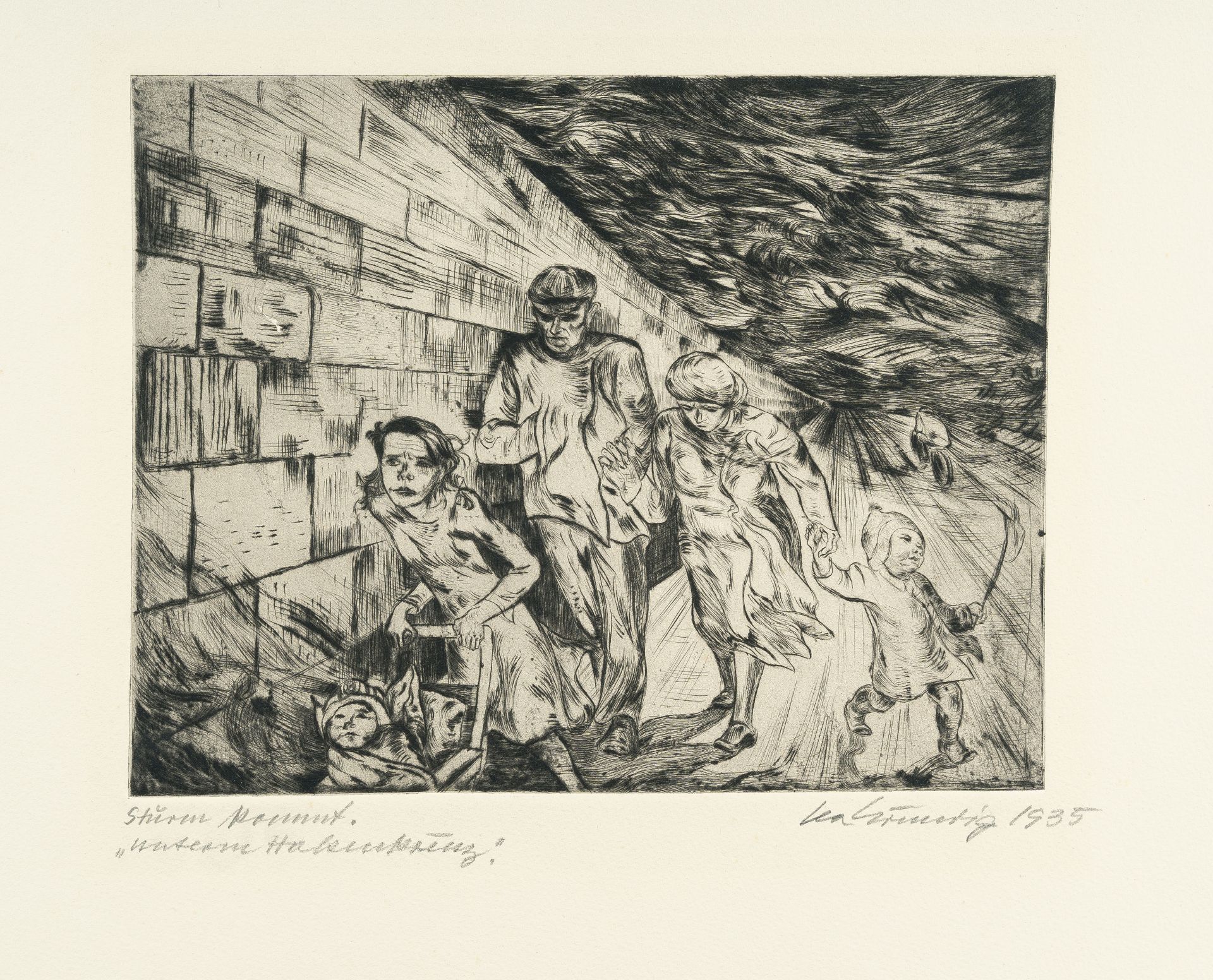 Lea Grundig, „Sturm kommt. Unterm Hakenkreuz“.Etching on heavy, cream wove paper. 1935. Ca. 20 x