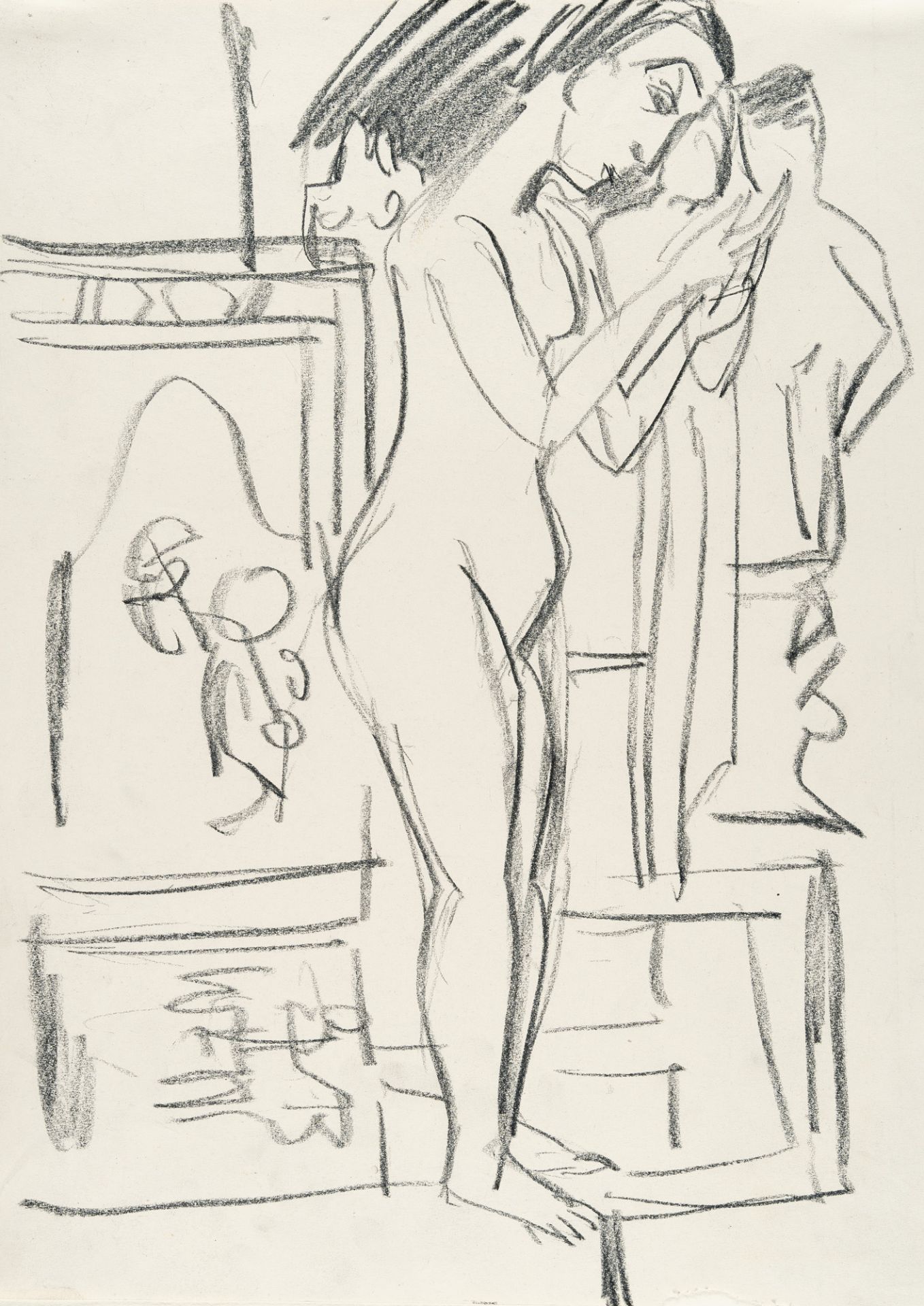 Ernst Ludwig Kirchner, Nude in the artist's studio at Davos (Erna).Black chalk on satinated cream