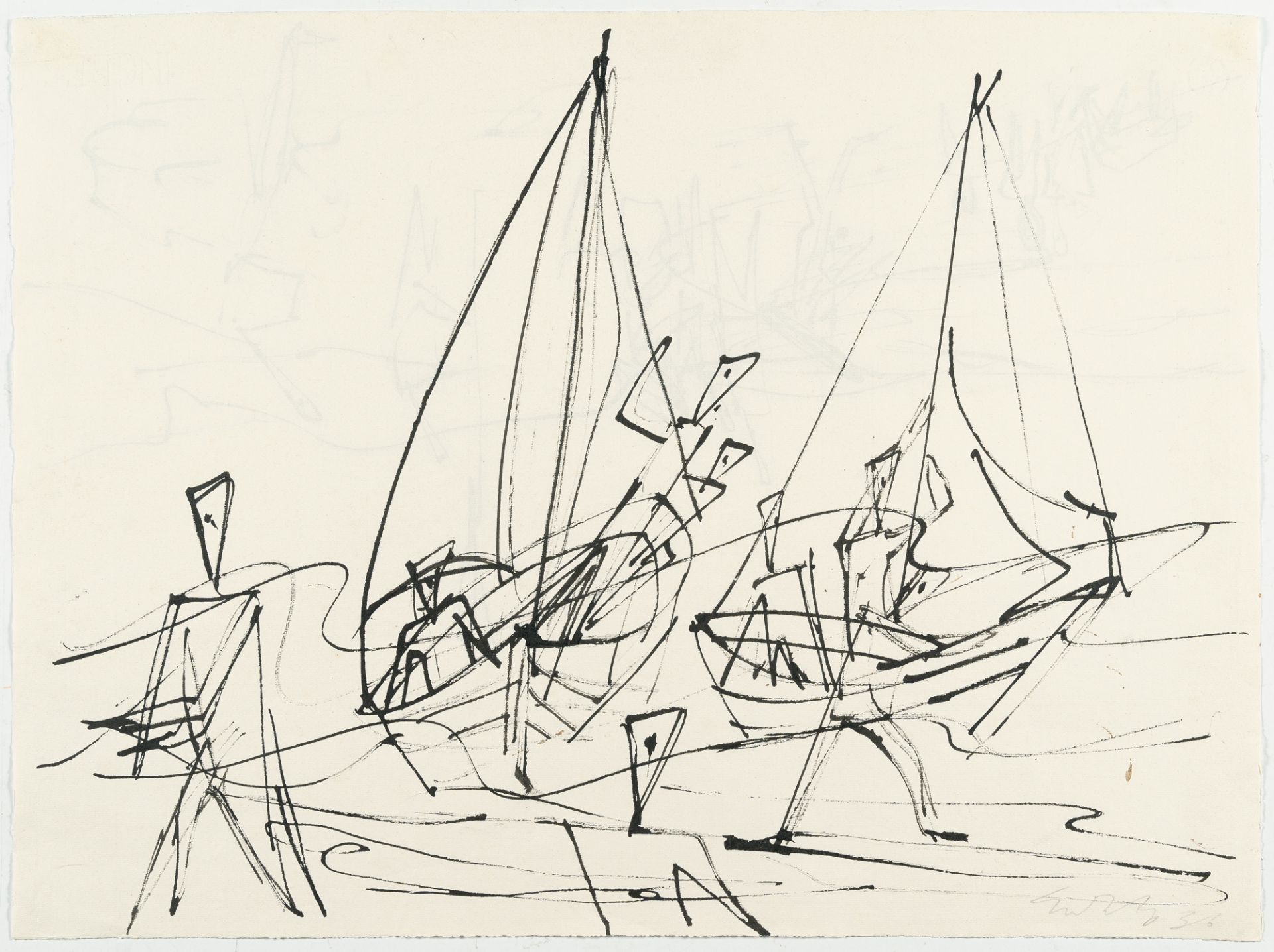 Ernst Wilhelm Nay, Recto/verso: Fishermen – Beach scene.Reed pen with Indian ink on Ingres laid - Image 2 of 3